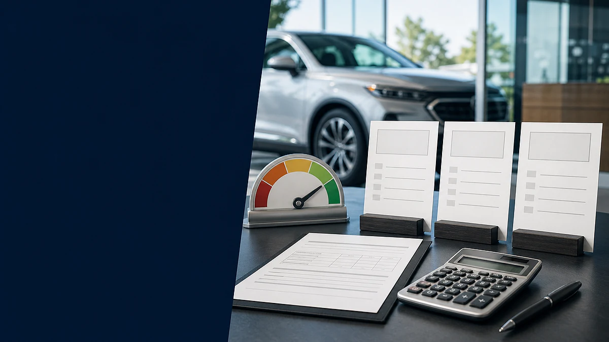 Three blank auto-loan offers, a calculator, a credit-tier dial, and an unbranded silver vehicle.