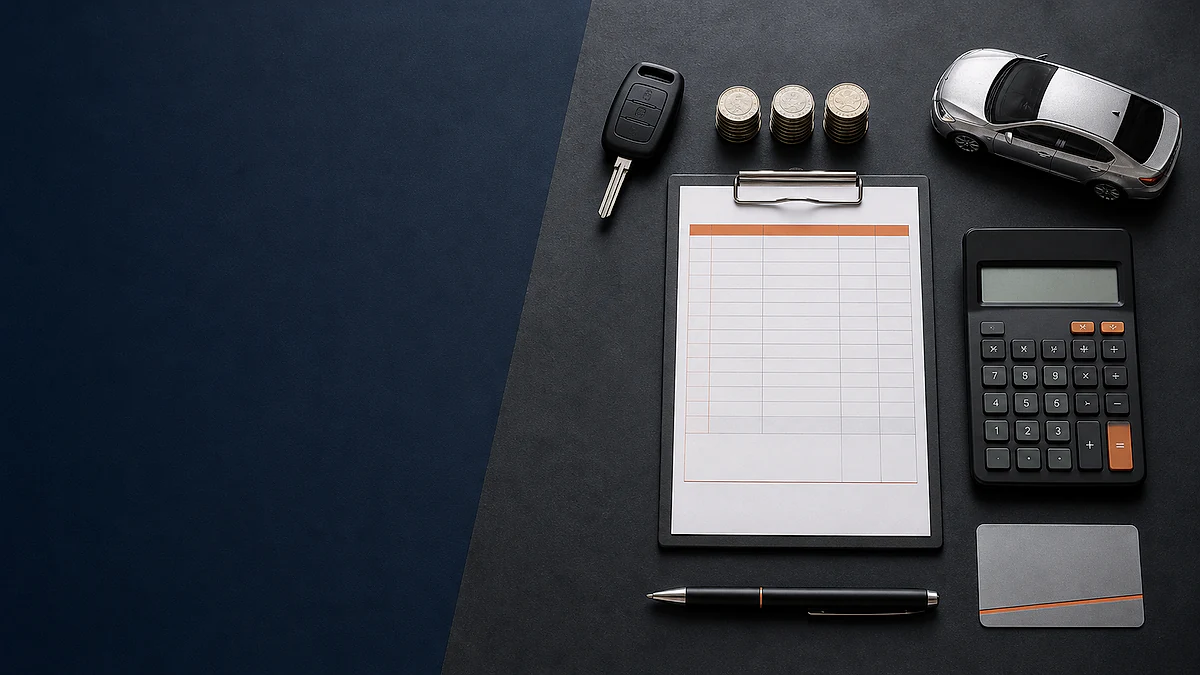 A neatly arranged vehicle budget worksheet, calculator, keys, coin stacks, and unbranded model car on a dark desk.