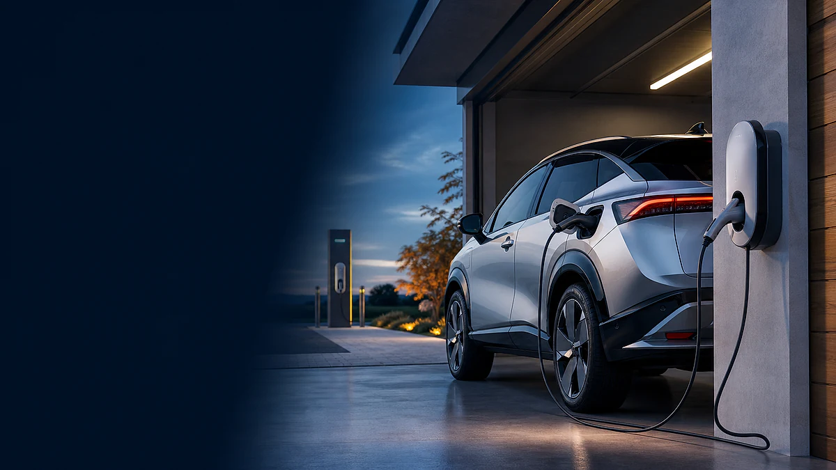 An unbranded silver electric crossover charging in a home garage with public charging pedestals visible beyond.