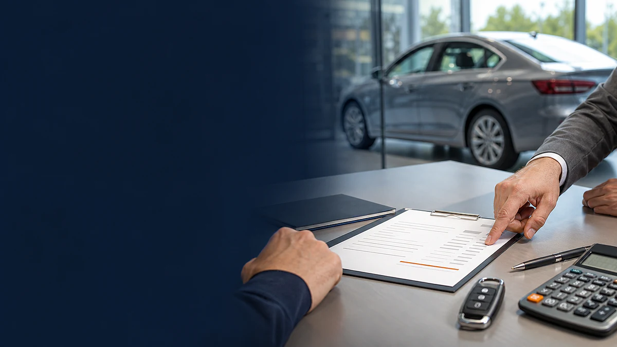A buyer and advisor review an itemized vehicle purchase worksheet beside a calculator and unbranded sedan.