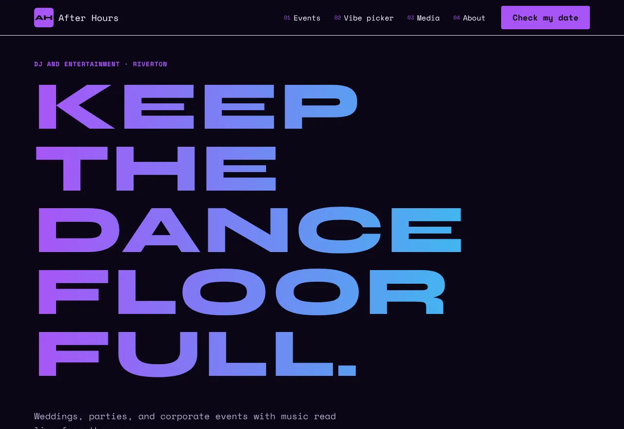 Screenshot of the example website After Hours