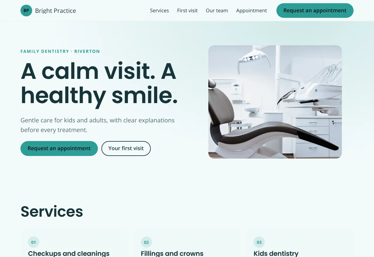 Screenshot of the example website Bright Practice