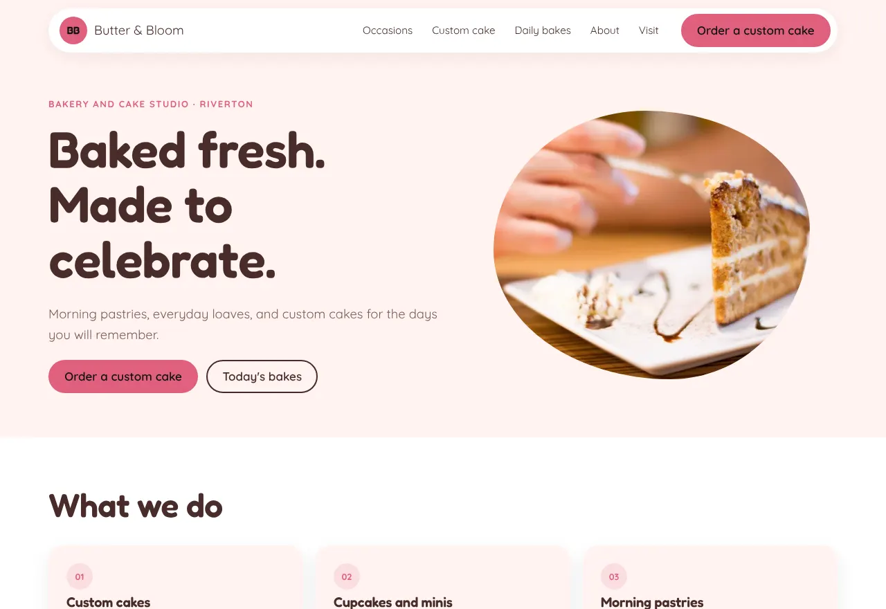 Screenshot of the example website Butter & Bloom