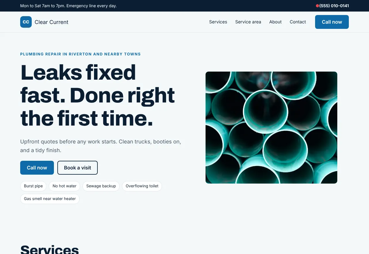 Screenshot of the example website Clear Current