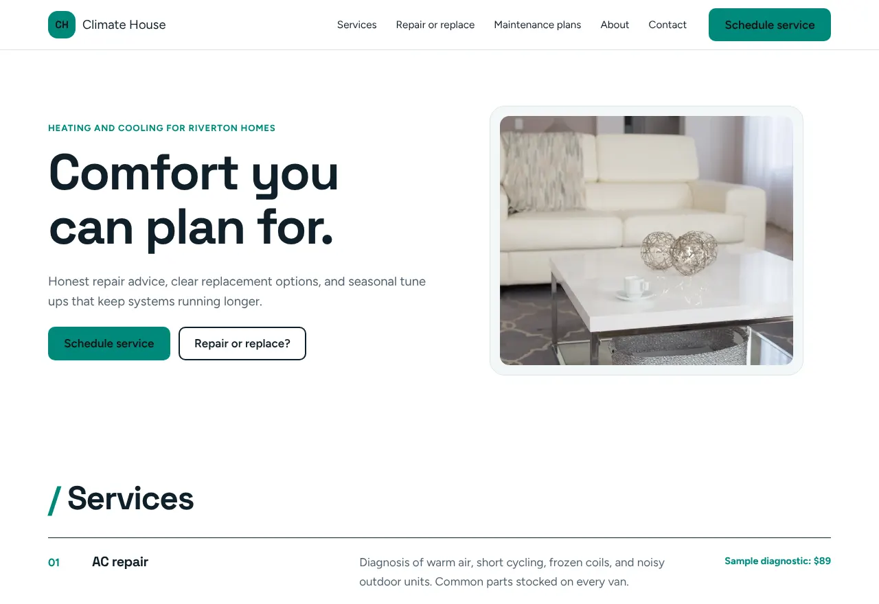Screenshot of the example website Climate House