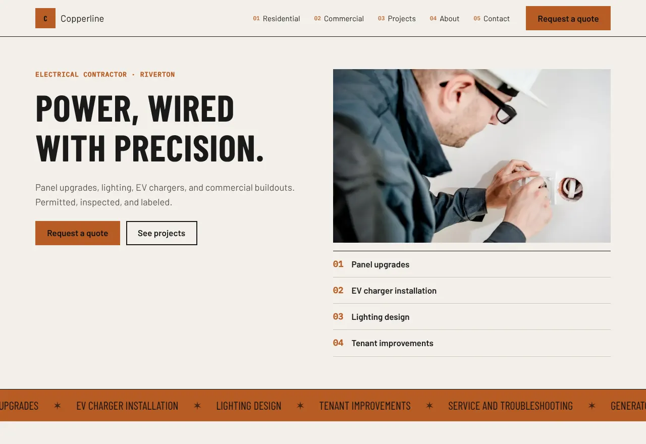 Screenshot of the example website Copperline