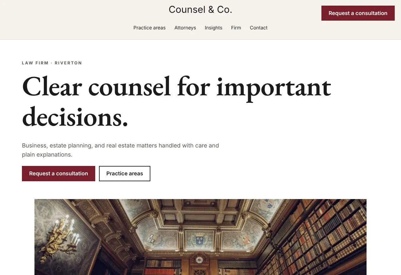 Screenshot of the example website Counsel & Co.