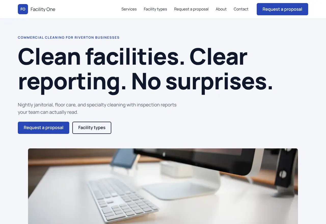 Screenshot of the example website Facility One