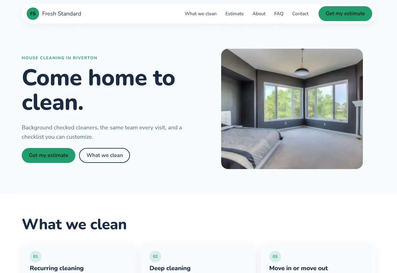 Screenshot of the example website Fresh Standard