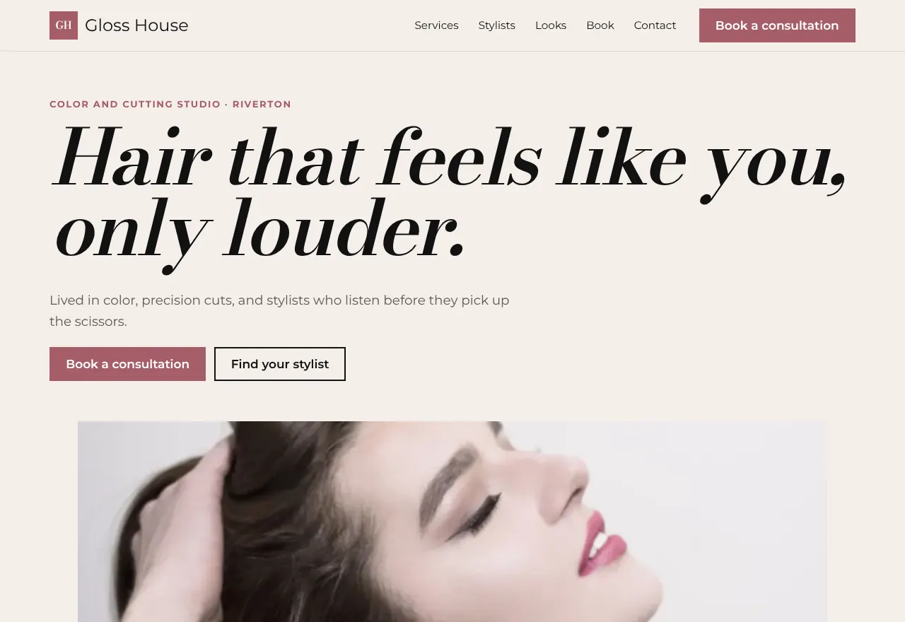 Screenshot of the example website Gloss House