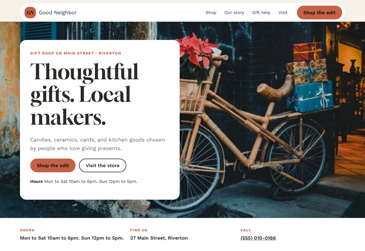 Screenshot of the example website Good Neighbor Goods