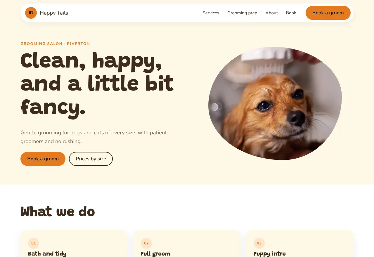 Screenshot of the example website Happy Tails Club