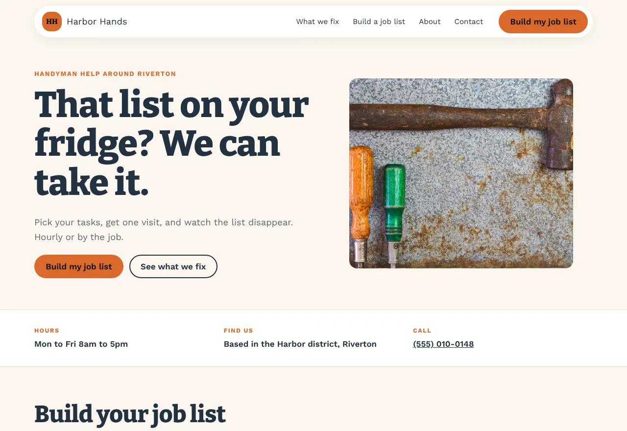 Screenshot of the example website Harbor Hands