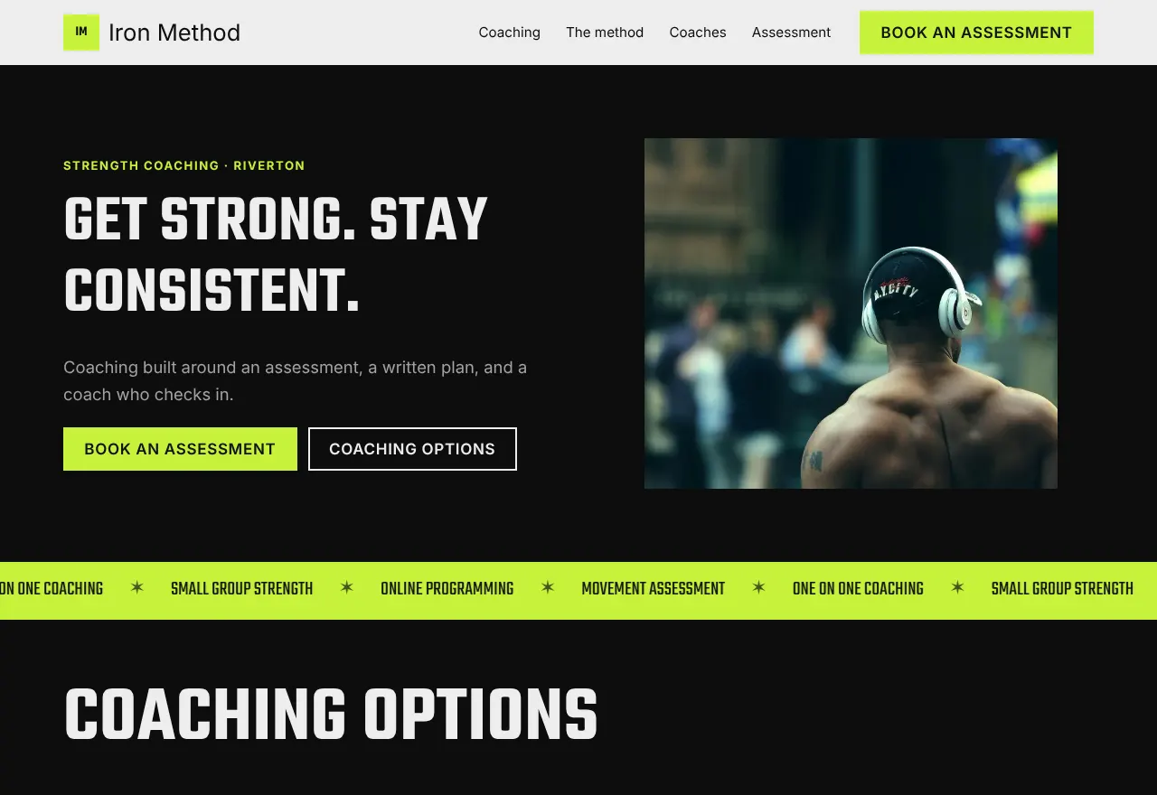 Screenshot of the example website Iron Method