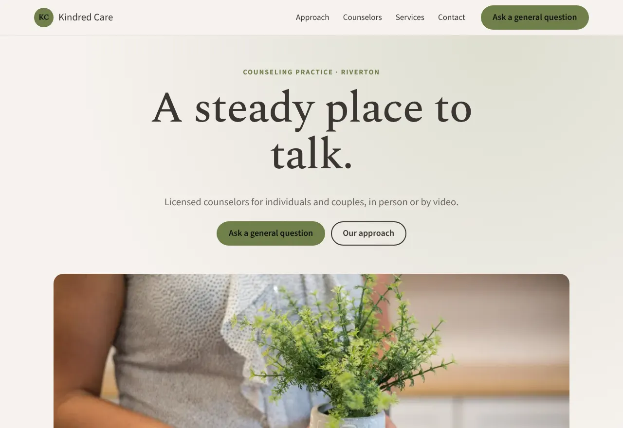 Screenshot of the example website Kindred Care