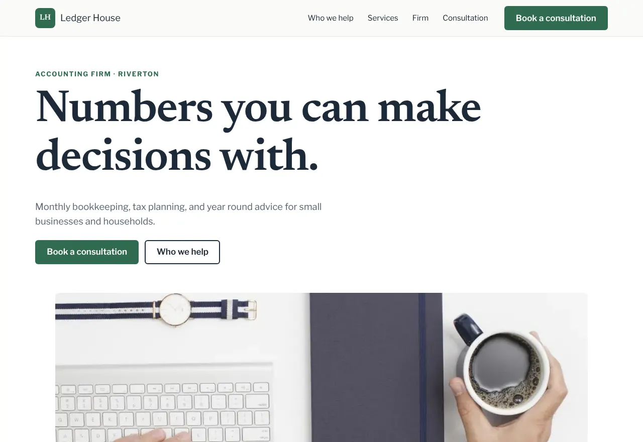 Screenshot of the example website Ledger House