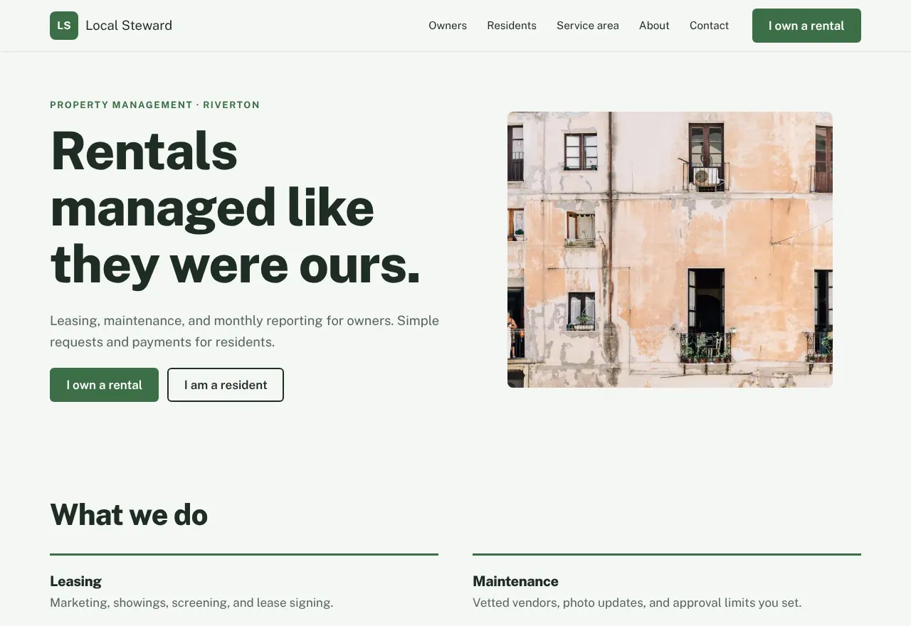 Screenshot of the example website Local Steward