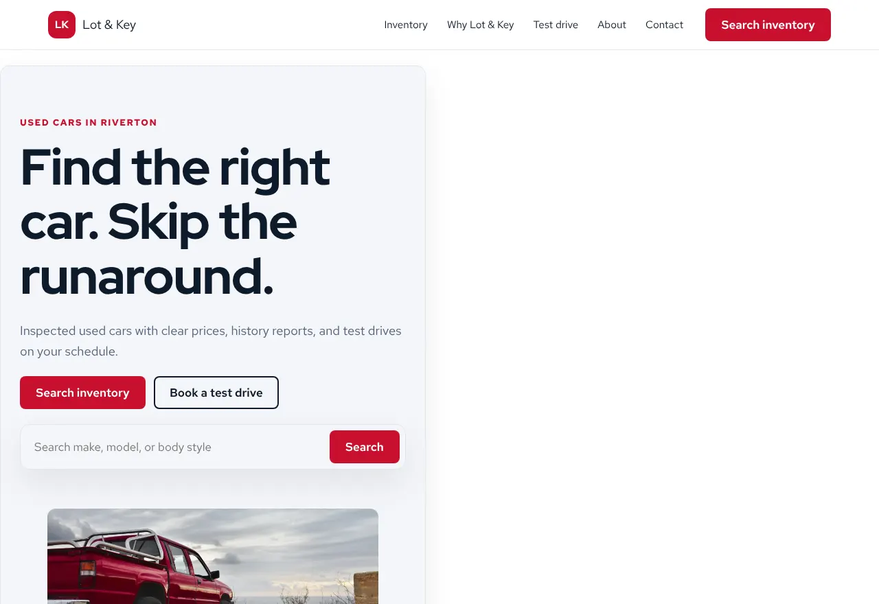 Screenshot of the example website Lot & Key