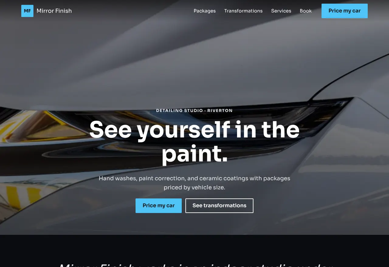 Screenshot of the example website Mirror Finish