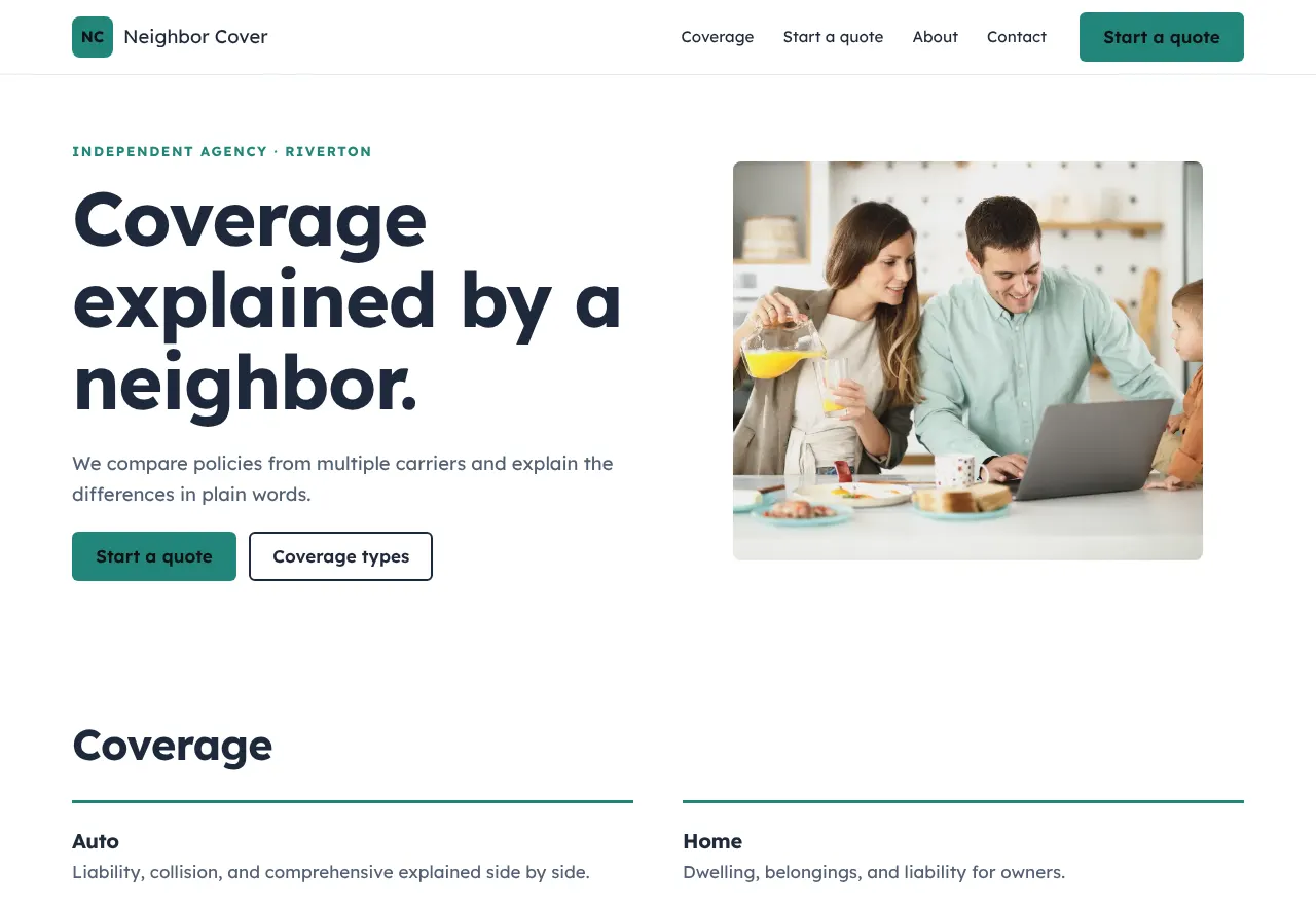 Screenshot of the example website Neighbor Cover