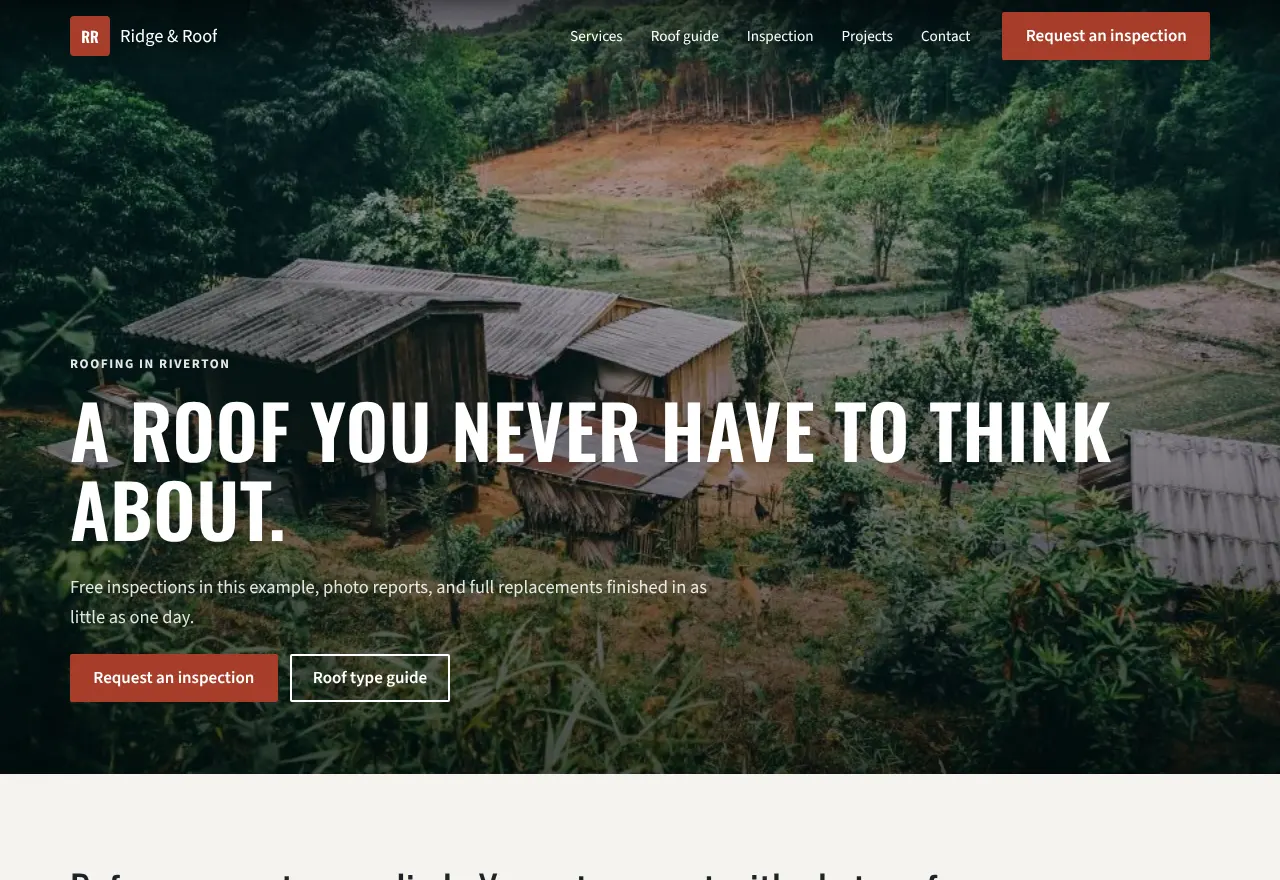 Screenshot of the example website Ridge & Roof