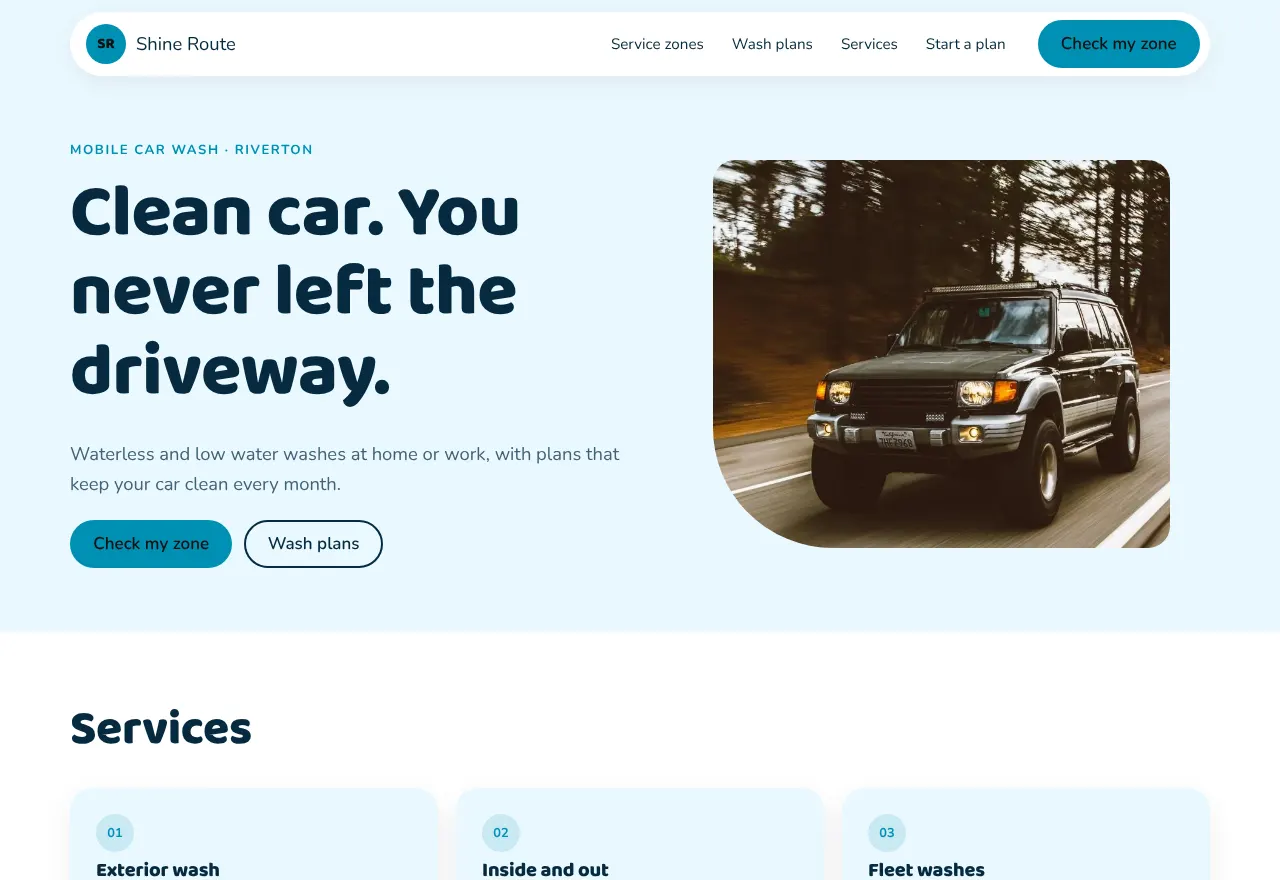 Screenshot of the example website Shine Route