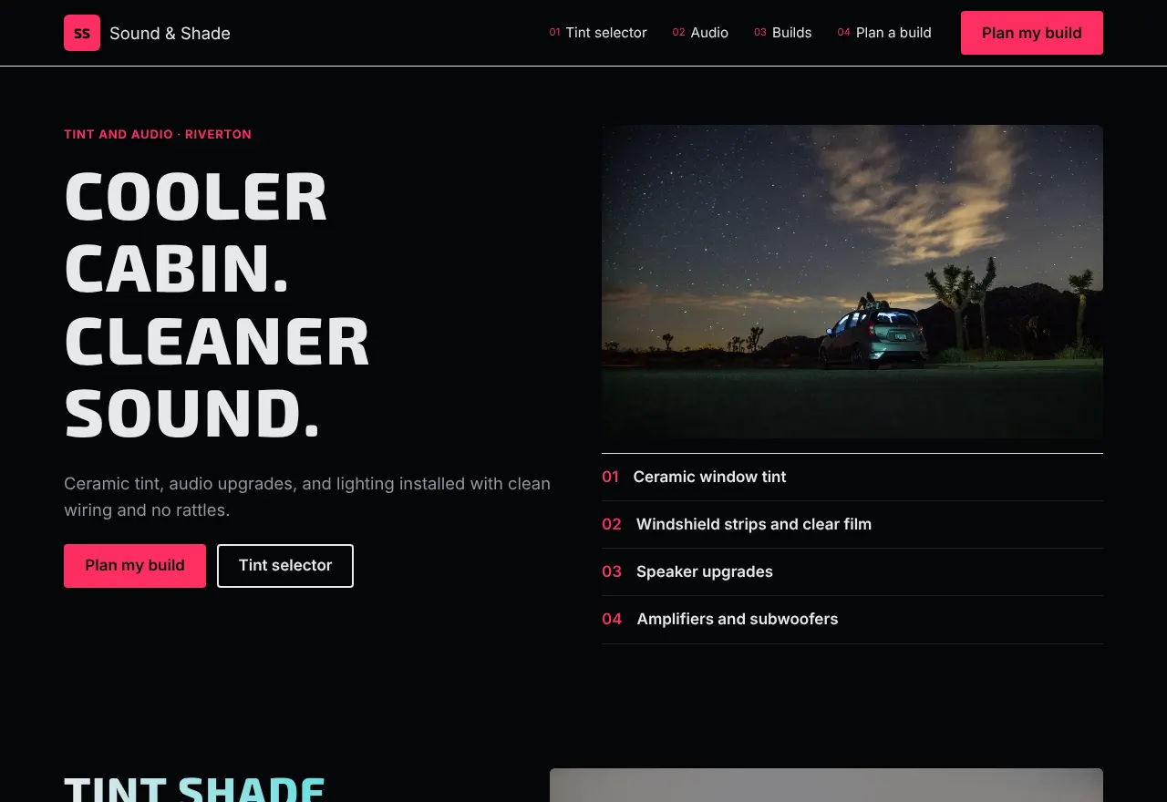 Screenshot of the example website Sound & Shade