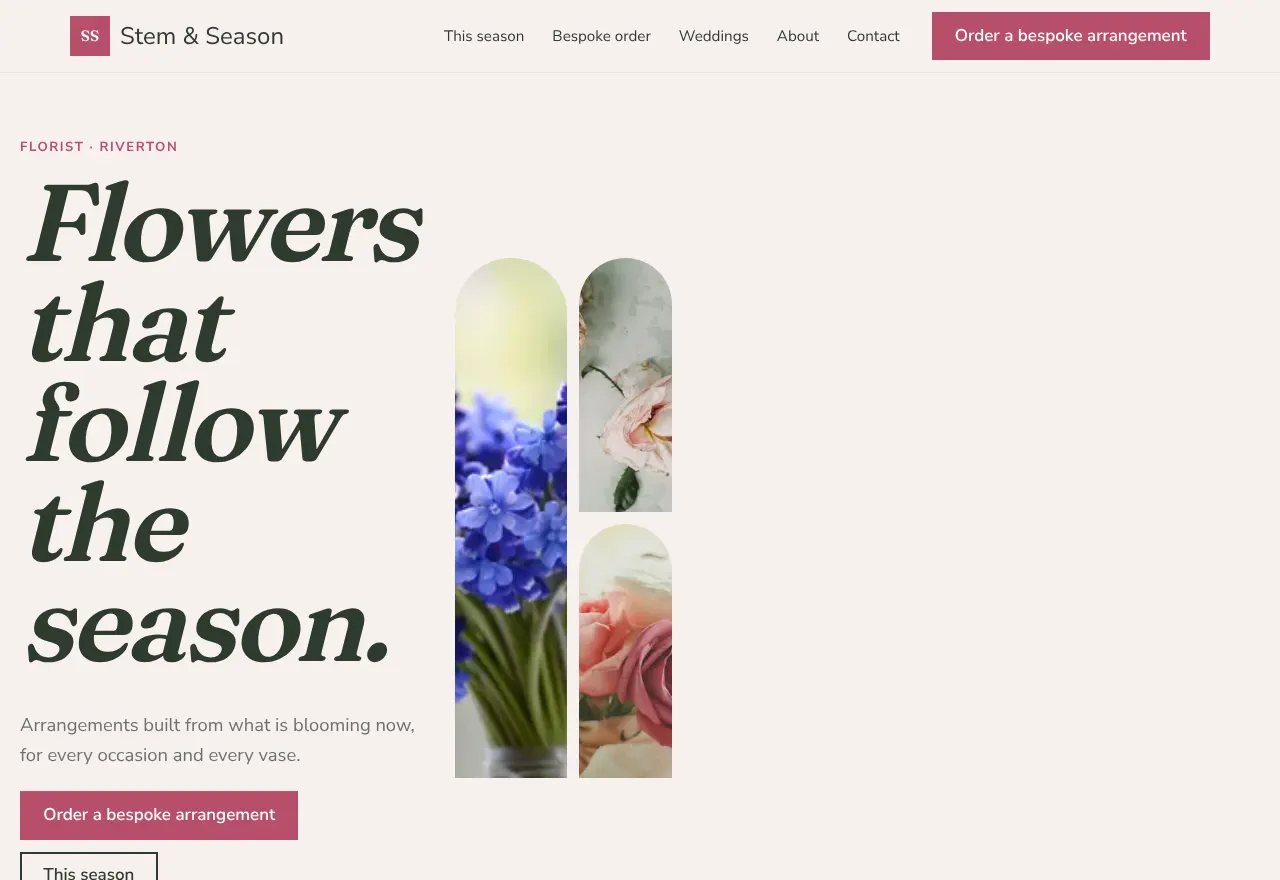 Screenshot of the example website Stem & Season