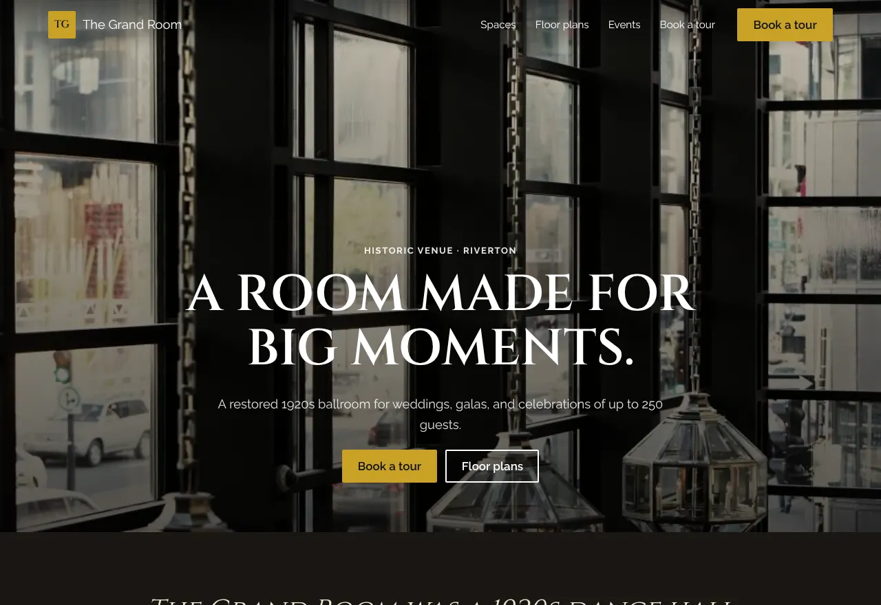 Screenshot of the example website The Grand Room