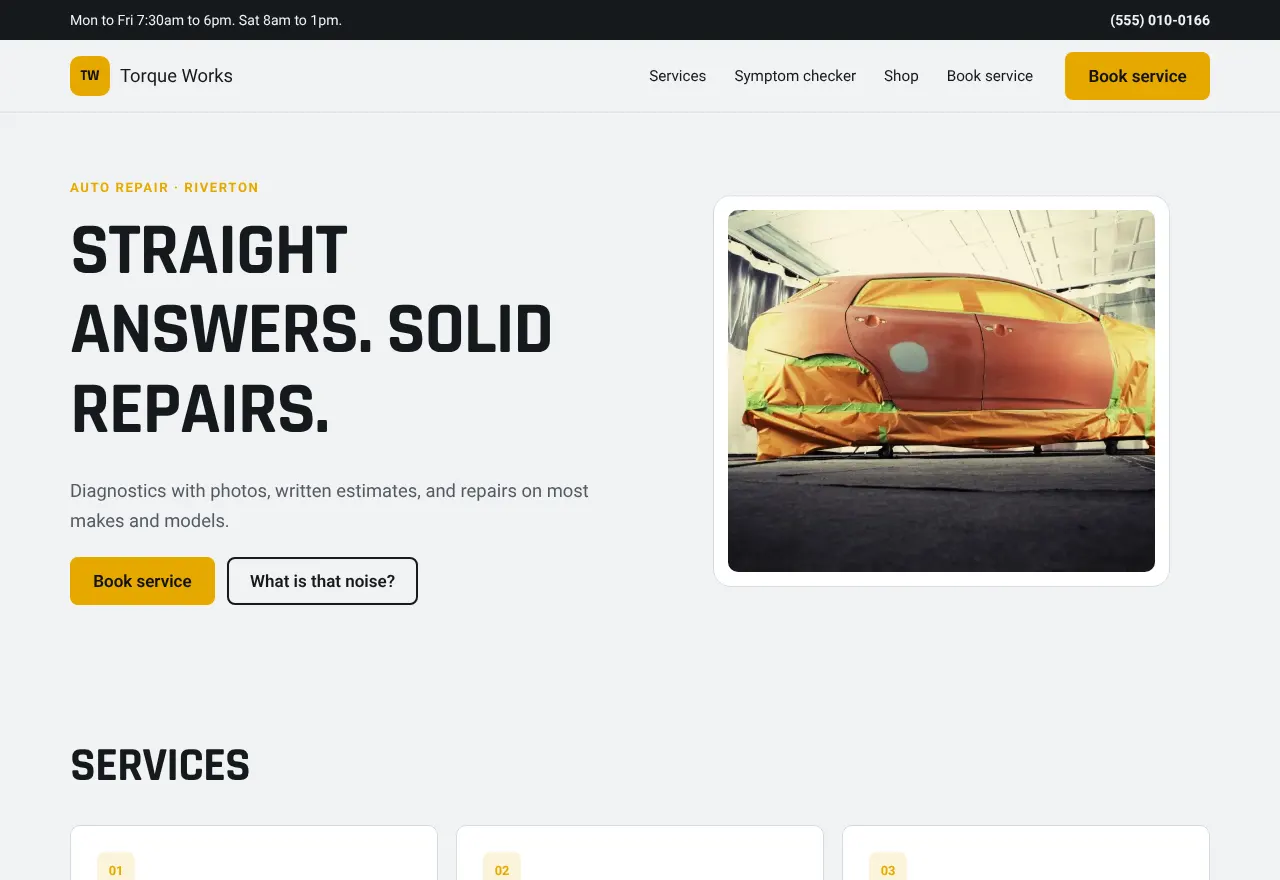 Screenshot of the example website Torque Works